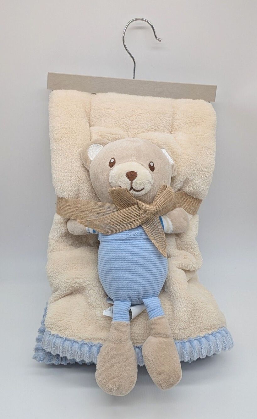 Chick Pea Tan Blue Plush Baby Blanket & Teddy Bear NWOT